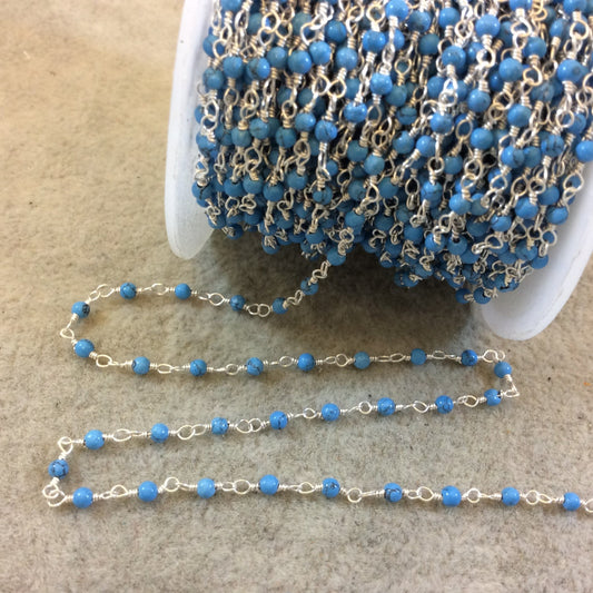 Silver Plated Wrapped Copper Rosary Chain with Smooth 2mm Round Shaped Dyed Turquoise Howlite Beads - Sold in 1' Increments - (CH012-SV)
