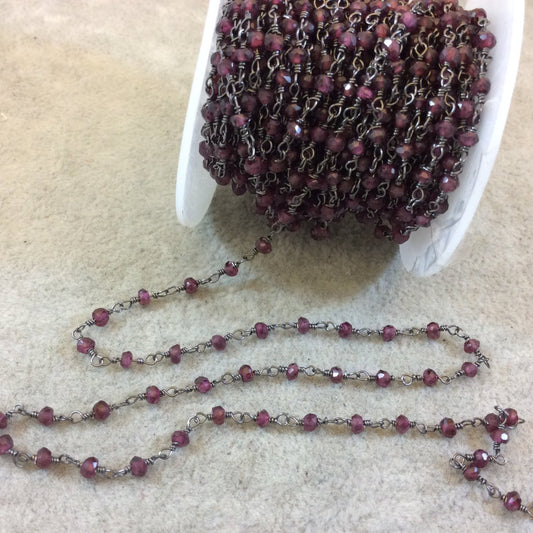 Gunmetal Plated Copper Rosary Chain with Faceted 3-4mm Rondelle Shape Garnet Beads - Sold by the Foot! - Natural Beaded Chain