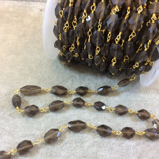 Gold Plated Copper Rosary Chain with Faceted 8-12mm Nugget Shaped Smoky Quartz Beads - Sold by the Foot, or in Bulk! - Natural Beaded Chain