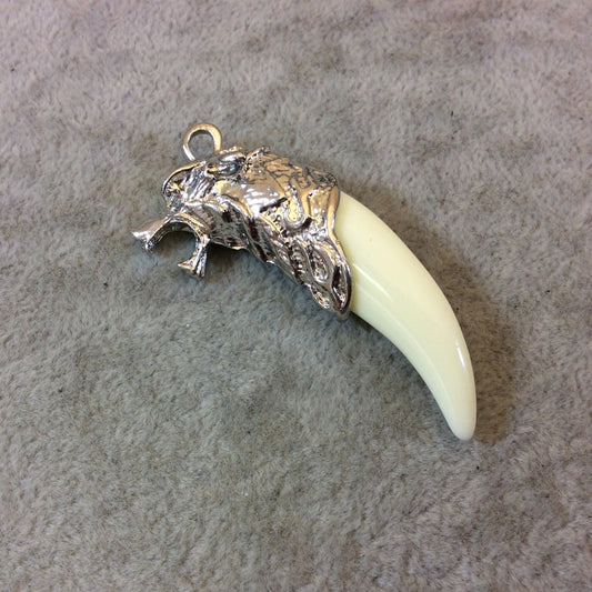 Medium Sized Tusk Shaped Ivory Acrylic Pendant with Silver Finish Wolf's Head Cap - Measuring 20mm x 60mm, Approximately - Sold Individually