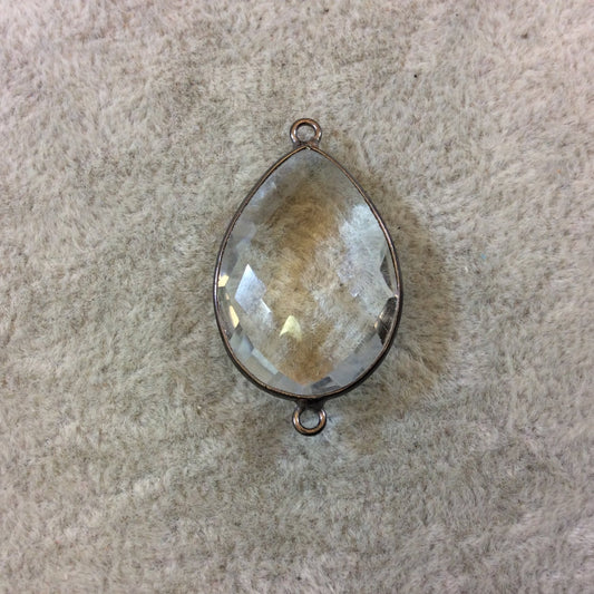 Gunmetal Plated Faceted Clear Hydro (Lab Created) Quartz Pear/Teardrop Shaped Bezel Connector - Measuring 18mm x 25mm - Sold Individually