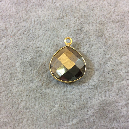 Gold Finish Faceted Teardrop Shaped Pyrite (Fool's Gold) Bezel Pendant Component - Measuring 15mm x 15mm - Natural Semi-precious Gemstone