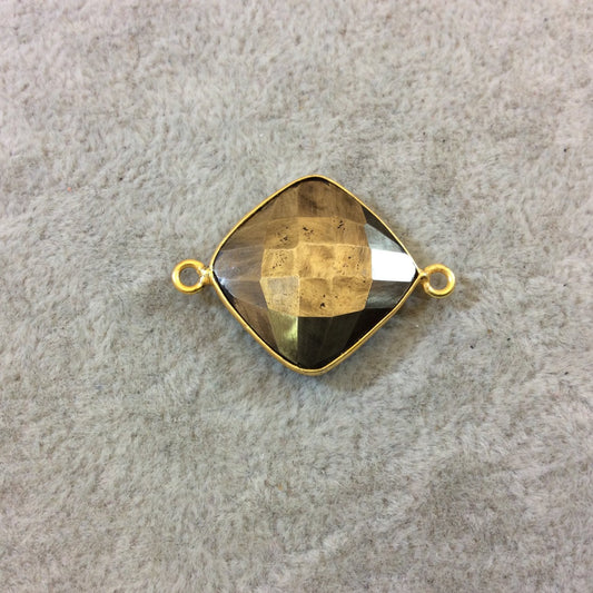 Gold Finish Faceted Diamond Shaped Pyrite Bezel Two Ring Connector Component - Measuring 18mm x 18mm - Natural Semi-precious Gemstone