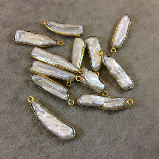 Gold Finish Iridescent White Biwa Pearl Freeform Bezel Pendant Component - Measuring 20-30mm Long, Shape Varies - Sold Individually, Random