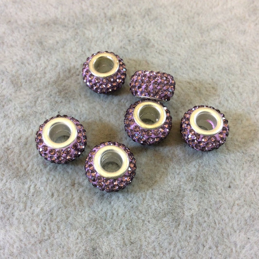 8mm x 12mm Lavender Rhinestone Inlaid Silver Metal Rondelle Beads - Sold in Packs of Six (6) - European Charm Bracelet Style Beads