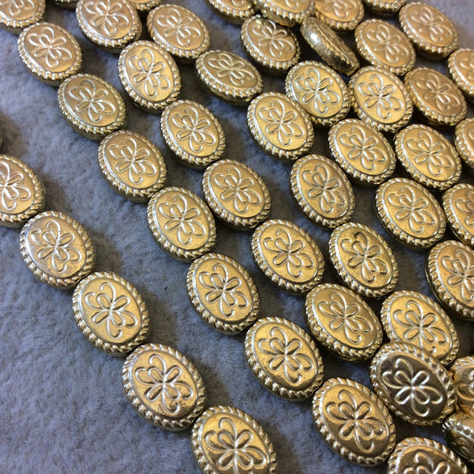 Gold Finish Floral Pattern Oval Shaped Plated Pewter Beads (16845)- 7-8" Strand (Approx. 18 Beads) - Measuring 8mm x 11mm - 1mm Hole Size