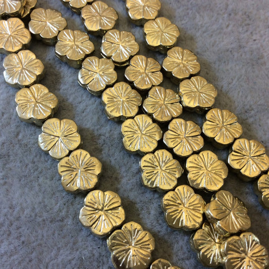 Gold Finish Detailed Hibiscus Flower Shaped Plated Pewter Beads (15180)- 7-8" Strand (Approximately 21 Beads) - 9mm Diameter - 1mm Hole Size