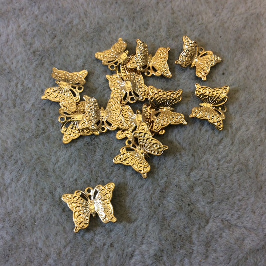 Gold Finish Detailed Butterfly Shaped Plated Copper Charm/Pendant with Ring - Measuring 11mm x 8mm, Approximately - Sold per Pack/12