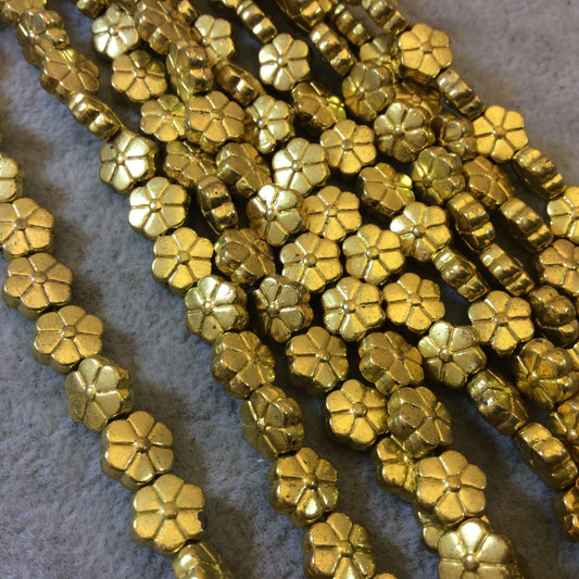 Gold Finish Detailed Petal Pattern Flower Shaped Plated Pewter Beads - 7-8" Strand (Approximately 29 Beads) - 8mm Diameter - 1mm Hole Size