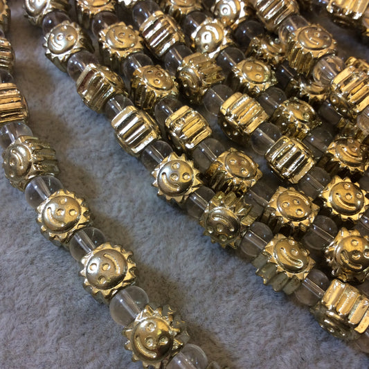 Gold Finish Smiley Faced Sunshine Shaped Plated Pewter Beads (19497)- 7-8" Strand (Approx. 15 Beads) - Measuring 8mm x 9mm - 5mm Hole Size