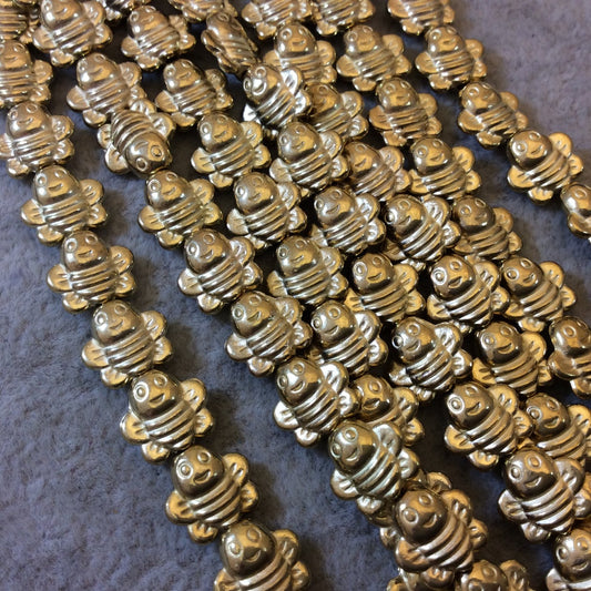 Gold Finish Happy Flat Bumble Bee Shaped Plated Pewter Beads (29493)- 7-8" Strand (Approx. 24 Beads) - Measuring 9mm x 8mm - 1mm Hole Size