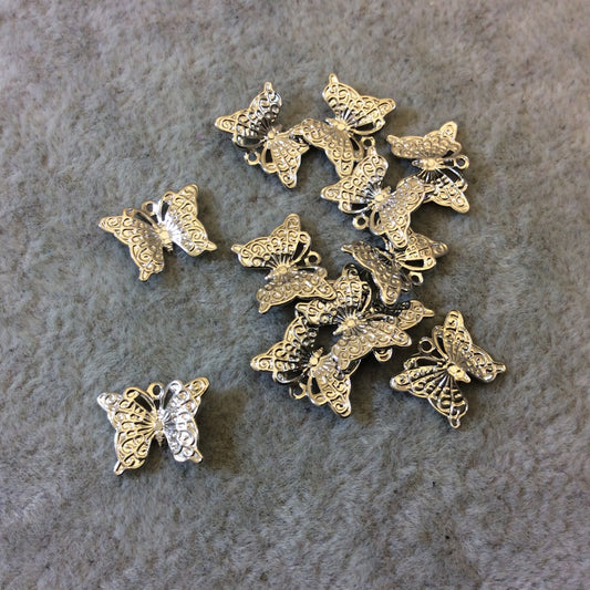 Silver Finish Detailed Butterfly Shaped Plated Copper Charm/Pendant with Ring - Measuring 11mm x 8mm, Approximately - Sold per Pack/12
