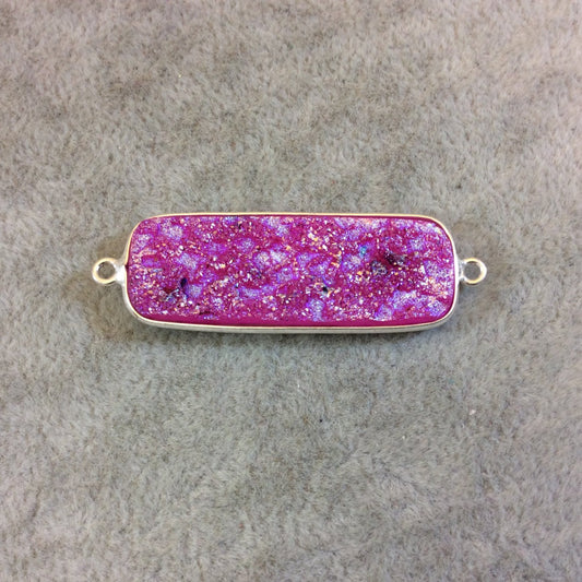 Silver Plated Bright Pink Druzy Resin Bar/Rectangle Shaped Connector Component - Measuring 14mm x 38mm, Approximately - Sold Individually