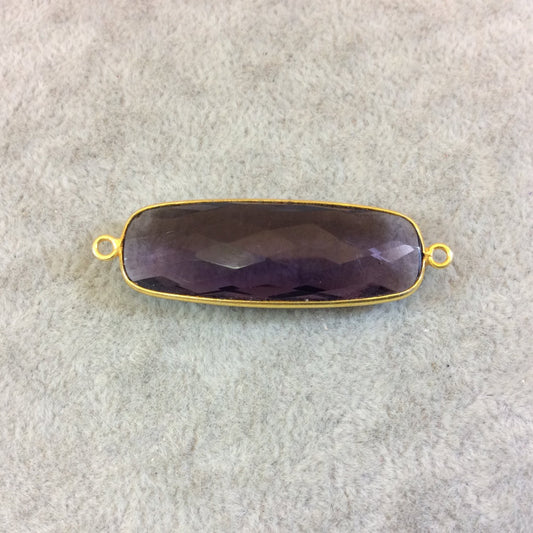 Long Gold Finish Faceted Purple Quartz Rectangle Shaped Bezel Connector Component - Measuring 13mm x 37mm - Natural Semi-precious Gemstone
