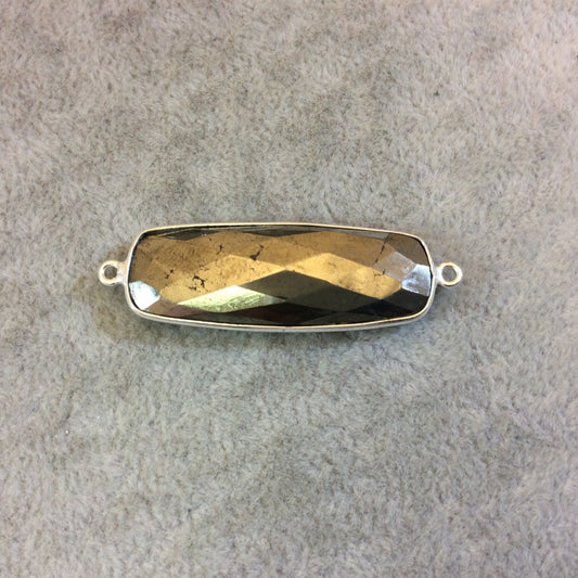 Silver Plated Natural Golden Pyrite Faceted Long Rectangle Shaped Copper Bezel Connector - Measures 13mm x 38mm - Sold Individually, Random