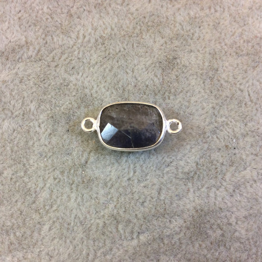 Silver Finish Faceted Labradorite Rectangle/Bar Shaped Bezel Connector Component - Measuring 10mm x 14mm - Natural Semi-precious Gemstone