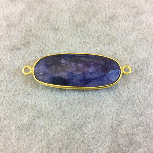 Long Gold Finish Faceted Blue Sapphire Oval Shaped Bezel Connector Component - Measuring 14mm x 32mm - Natural Semi-precious Gemstone