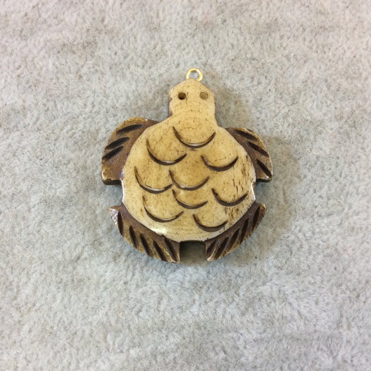 Medium Sized Chubby Sea Turtle Shaped Natural/Brown Carved Bone Focal Pendant - Measuring 34 x 36mm Approximately - Sold Individually(BL 8)