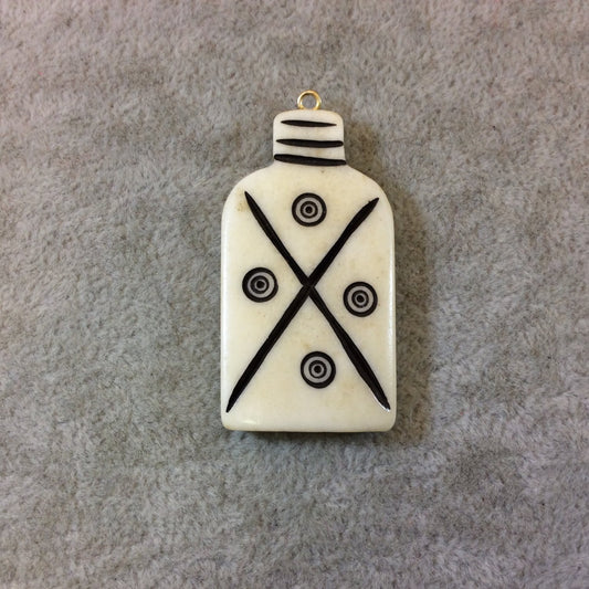 Medium Sized Bottle/Jar Shaped White/Ivory Patterned Carved Bone Focal Pendant - Measuring 24mm x 45mm Approximately - Sold Individually