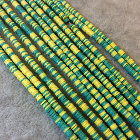3mm African Green/Yellow Vinyl Heishi Beads - 9" Strand (Approximately 500 Beads) - Funky Tribal Trade Beads Made From Recycled Vinyl Record