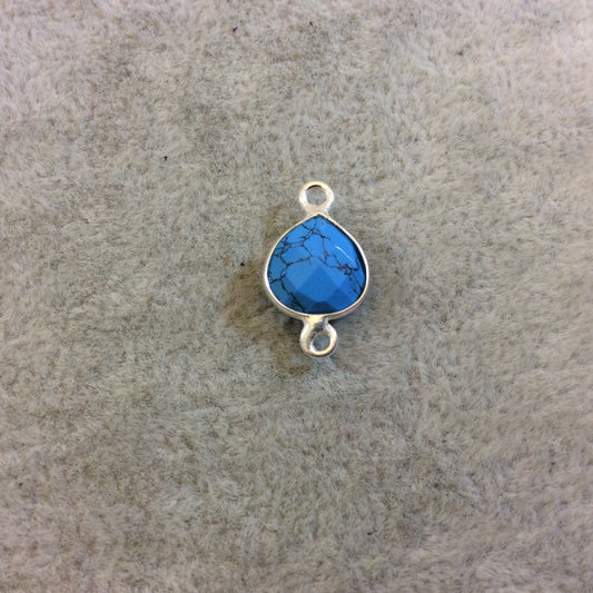 Silver Finish Faceted Veined Turquoise Howlite Heart/Teardrop Bezel Two Ring Connector Component - Measuring 10mm x 10mm