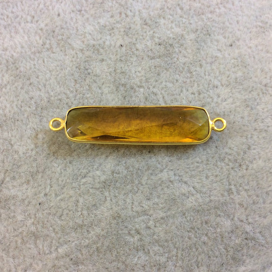 Gold Finish Faceted Golden Quartz Long Bar Shaped Bezel Two Ring Connector Component - Measuring 8mm x 32mm - Natural Semi-precious Gemstone