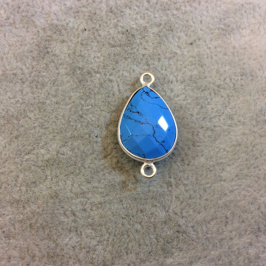 Silver Finish Faceted Howlite Pear/Teardrop Bezel Two Ring Connector Component - Measuring 13mm x 18mm - Natural Semi-precious Gemstone