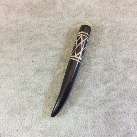 Dark Brown/Ebony Bone Spike/Tusk Shaped Pendant with White Carved "X" Designs - Measuring 8mm x 62mm Approximately - Sold Individually