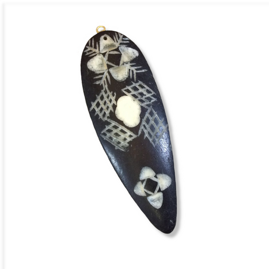 Inverted Teardrop Shaped Black Bone Pendant with Scratch Carved Floral Designs - Measuring 33mm x 93mm Approximately - Sold Individually