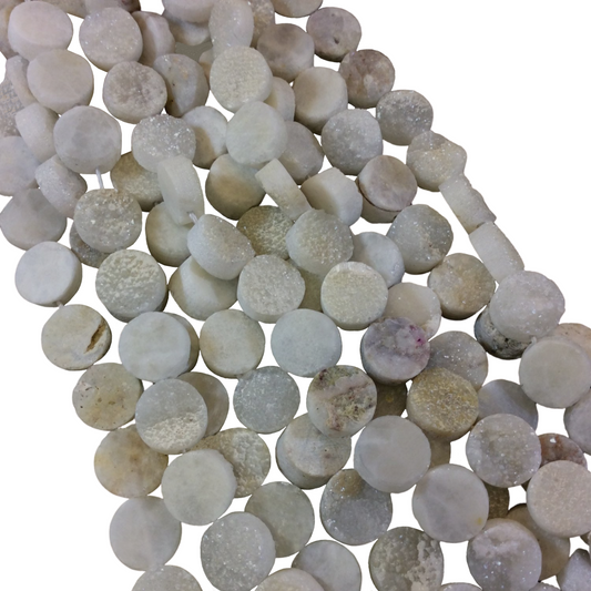 10mm Druzy Round Coin Shaped White/Natural Agate Beads - 8" Strand (Approximately 20 Beads) - Natural Semi-Precious Gemstone