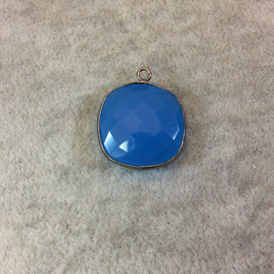 Gunmetal Finish Faceted Teal Blue Chalcedony Square Shaped Bezel Pendant Component - Measuring 20mm x 20mm - Natural Gemstone Bezel