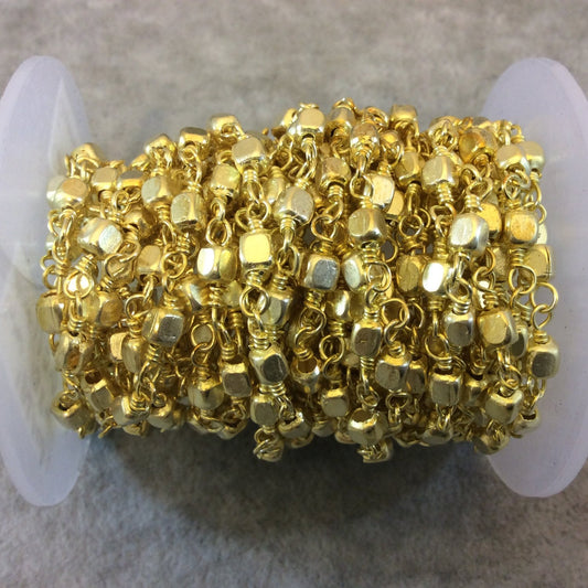 Bright Gold Plated Copper Rosary Chain with 4mm Cube Shaped Beads (CH242-GD) - Sold by the Foot! - Beaded Rosary Necklace/Bracelet Chain