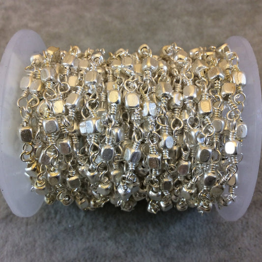 Bright Silver Plated Copper Rosary Chain with 4mm Cube Shaped Beads (CH245-SV) - Sold by the Foot! - Beaded Rosary Necklace/Bracelet Chain