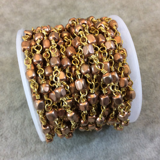 Rose Gold/Gold Plated Copper Rosary Chain with 4mm Cube Shaped Beads - Sold by the Foot! - Beaded Rosary Necklace/Bracelet Chain