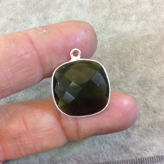 Silver Finish Faceted Trans. Olive Green Quartz Square Shaped Bezel Pendant Component - Measuring 18mm x 18mm - Sold Individually