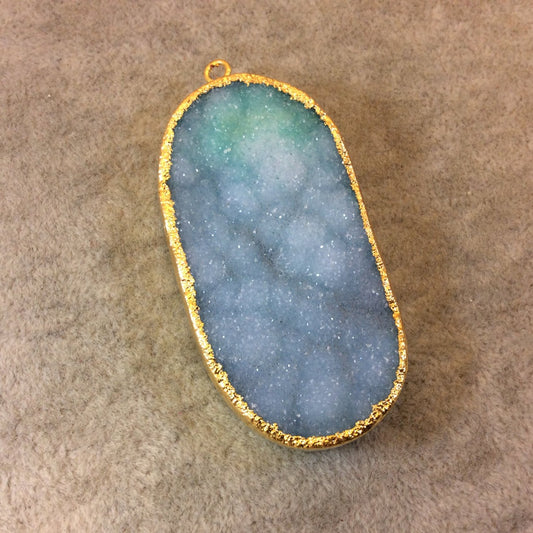 OOAK Premium Gold Plated Oval Shaped Electroformed Light Aqua Druzy Pendant - Measuring 32mm x 60mm Approximately - Sold Individually