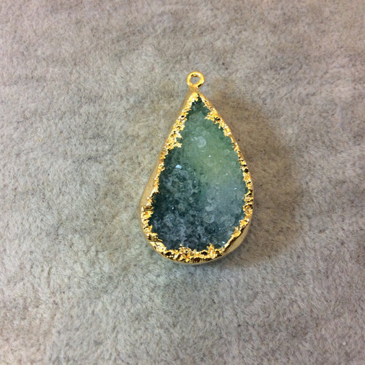 OOAK Premium Gold Plated Teardrop/Pear Electroformed Green/Olive Druzy Pendant - Measuring 21mm x 33mm Approximately - Sold Individually