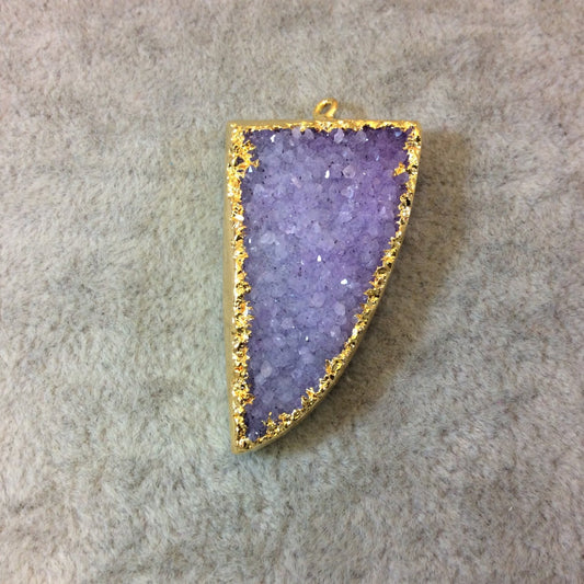 OOAK Premium Gold Plated Tusk Shaped Electroformed Light Purple Druzy Pendant - Measuring 23mm x 38mm Approximately - Sold Individually