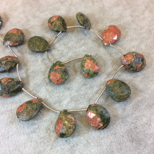 12mm x 16mm Faceted Pear/Teardrop Shaped Natural Unakite Beads - 10" Strand (Approximately 15 Beads) - High Quality Hand-Cut Indian Gemstone