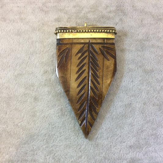 3" Warm Brown Pointed Arrow Shape Natural Ox Bone Pendant with Carved Branches and Dotted Cap - Measuring 48mm x 75mm, Approx.