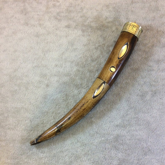 SALE 5" Long Metal Bevel Inlay Brown Ox Bone Tusk/Claw Shaped Pendant with Floral Patterned Gold Cap - Measuring 18mm x 130mm -