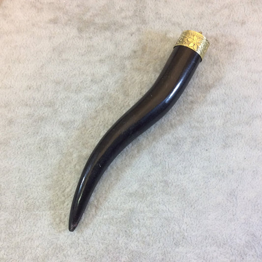 SALE - 5" Black Wavy Round Tusk/Claw Shaped Natural Horn Pendant with Gold Plated Floral Patterned Cap - Measuring 18mm x 125mm