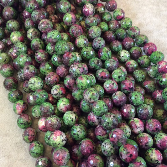 10mm Faceted Round/Ball Shaped Red/Green Ruby Zoisite Beads - 15" Strand (Approximately 38 Beads) - Natural Semi-Precious Gemstone