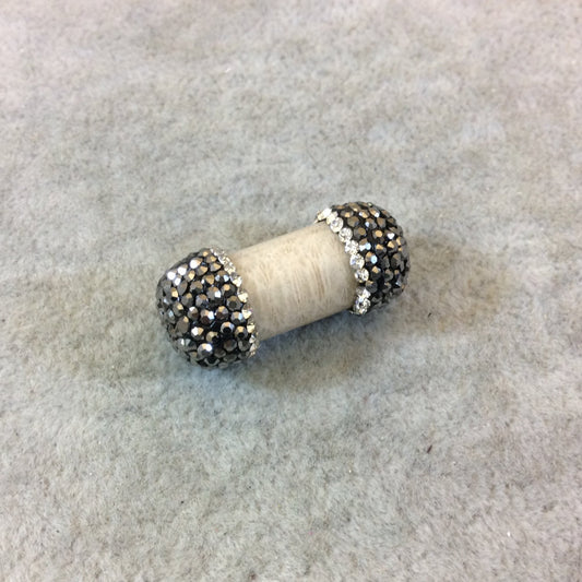 Rhinestone Encrusted Barrel/Tube Shaped Light Brown Coral Fossil Bead - Measuring 13mm x 28mm, Approx. - Sold Individually, Random