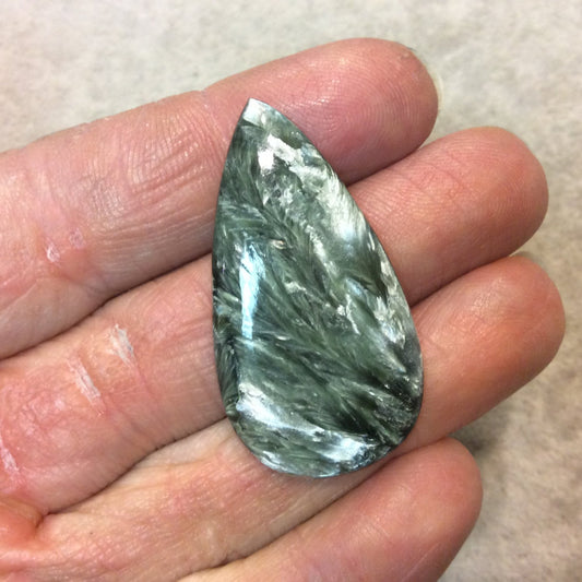 OOAK Natural Green Seraphinite Pear/Teardrop Shaped Flat Back Cabochon - Measuring 22mm x 41mm, 4mm Dome Height - High Quality Gemstone Cab
