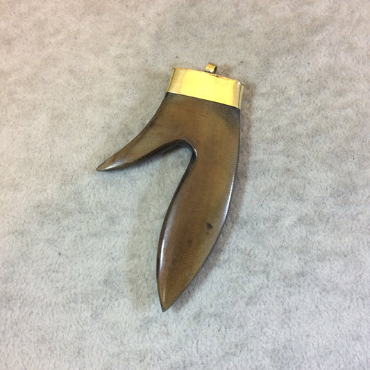 SALE - 2.75" Warm Brown Flat Fat/Thick Stubby Antler Shaped Natural Wooden Pendant with Gold Plated Cap/Bail - Measuring 42mm x 72mm