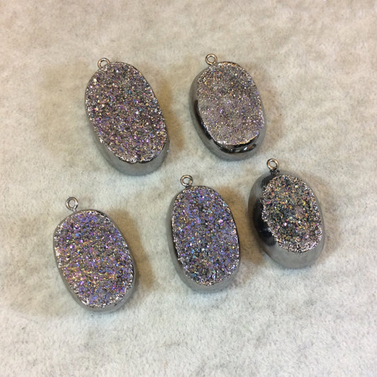 Titanium Plated Rainbow Druzy Window Oval Shaped Pendant with Gunmetal Suspension Ring - Measuring 20mm x 28mm - Sold Individually/Random