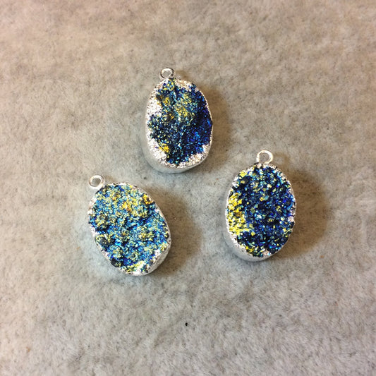 Silver Plated Electroformed Blue Titanium Druzy Oval Pendant - Measuring 12mm x 16mm Approx. - Sold Individually, Randomly Chosen