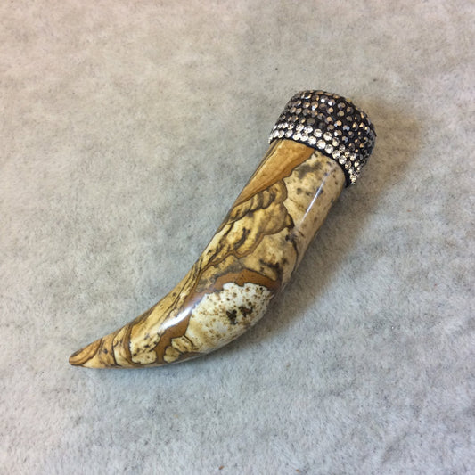 Rhinestone Encrusted Tusk/Claw Shaped Natural Brown/Tan Picture Jasper Pendant - Measuring 18mm x 70mm, Approx. - Sold Individually