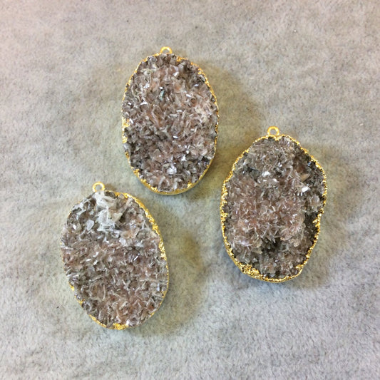 Gold Electroplated Natural Tan Dolomite Cluster (Star Druzy) Vertical Oval Shape Pendant - Measuring 27mm x 35mm - Sold Individually, Random